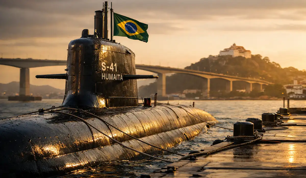 Submarino brasileiro S-41 Humaitá atracado no porto com a bandeira do Brasil hasteada. Submarino Humaitá