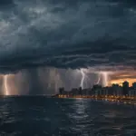Tempestade dramática com múltiplos raios caindo no mar próximo à linha do horizonte de uma cidade costeira durante o crepúsculo. Cortinas de chuva intensa são visíveis sob uma nuvem escura e massiva.