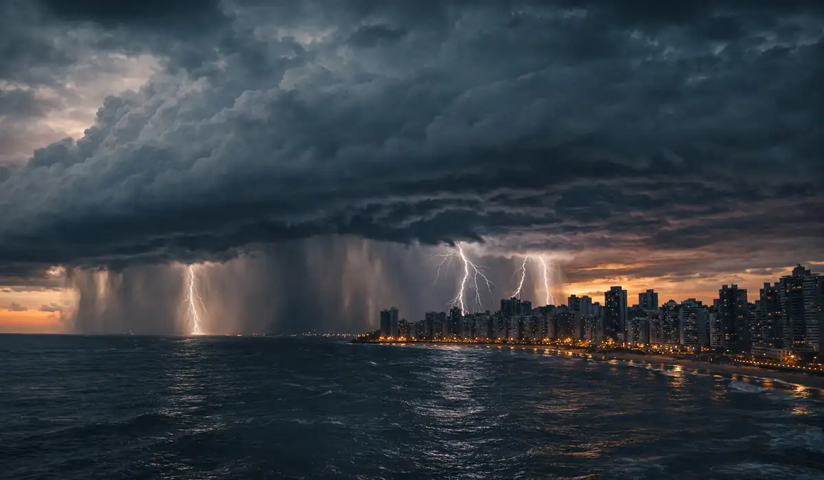 Tempestade dramática com múltiplos raios caindo no mar próximo à linha do horizonte de uma cidade costeira durante o crepúsculo. Cortinas de chuva intensa são visíveis sob uma nuvem escura e massiva.