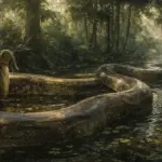 Ilustração realista da Titanoboa, a maior cobra pré-histórica do mundo, em seu habitat pantanoso na antiga Colôm