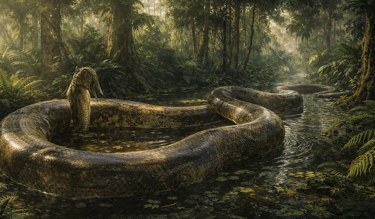 Ilustração realista da Titanoboa, a maior cobra pré-histórica do mundo, em seu habitat pantanoso na antiga Colôm
