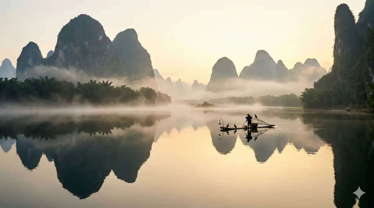 Paisagem mística das montanhas de Guilin e Rio Li, um dos principais destinos de turismo na China.