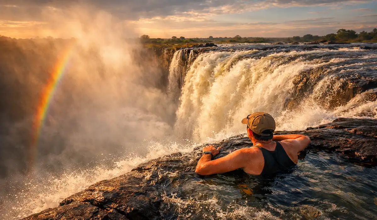 Turista no Devil’s Pool observando a Victoria Falls com arco-íris e névoa ao pôr do sol