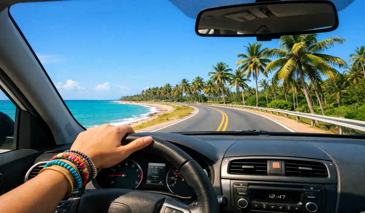 Estrada litorânea no Nordeste cercada por coqueiros e mar azul turquesa, em um dia de sol.